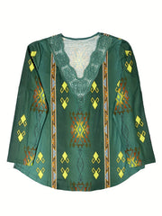  Boho Blouse Geo & Feather Print V Neck Top
