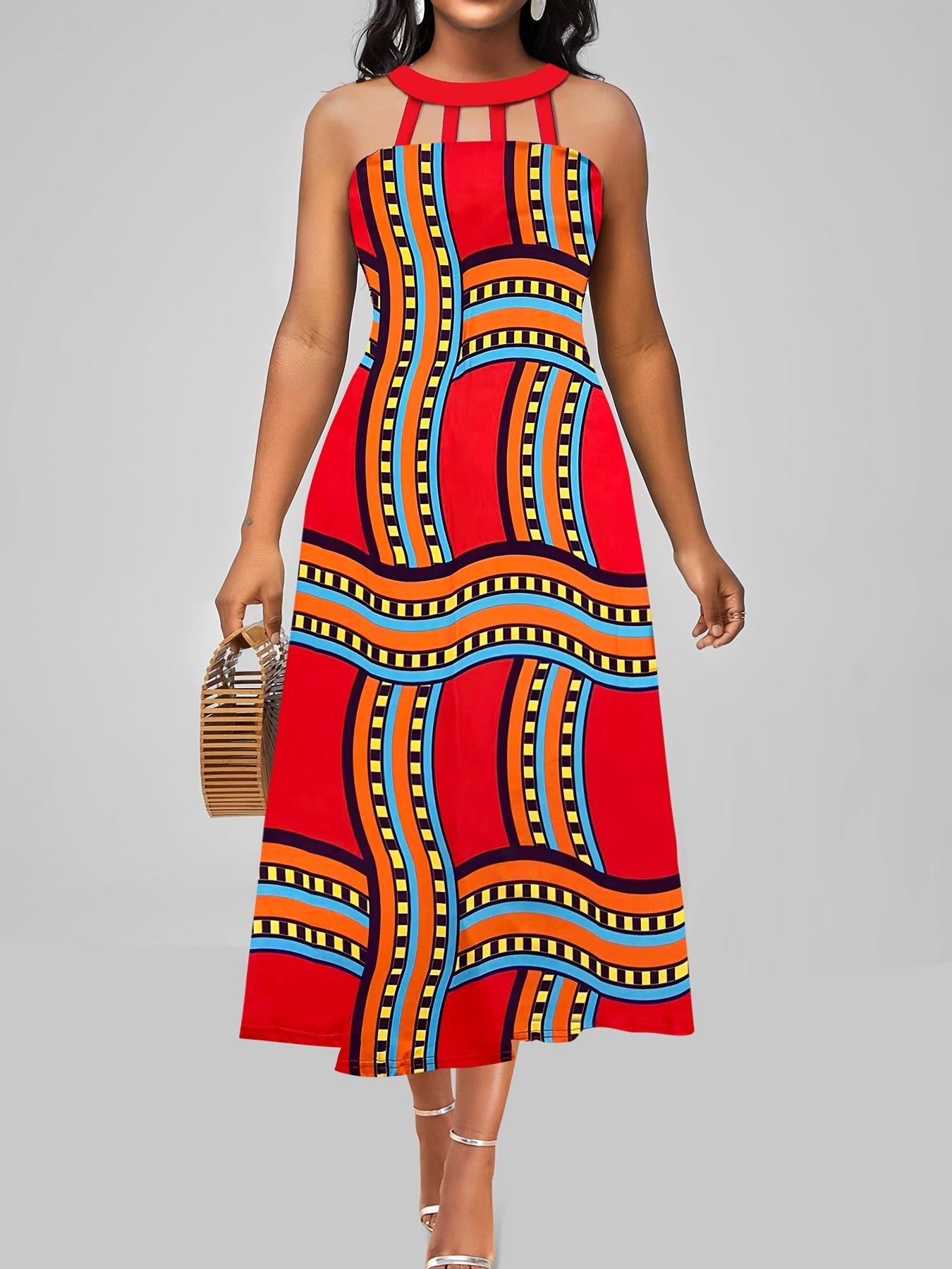  Graphic Print Cut Out Halter Neck Midi Tank Dress