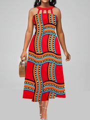  Graphic Print Cut Out Halter Neck Midi Tank Dress
