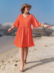 Solid Short Sleeve V Neck Tassel Keyhole Tie Dress