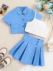 3pcs Girls Button Shirt & Pleated Skirt & Cami Crop Top Set