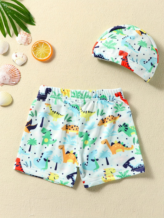 Boys Dino Swim Trunks & Cap Set for Beach Vacation