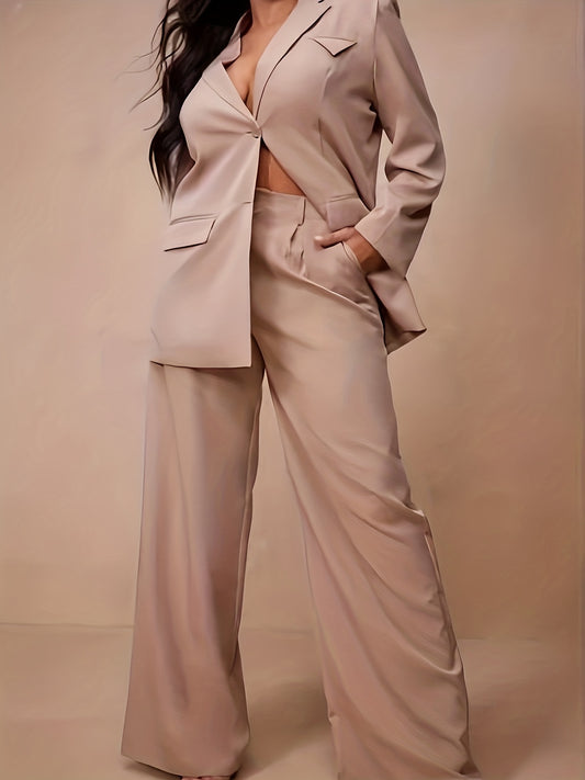  Solid Blazer & Loose Pants Set