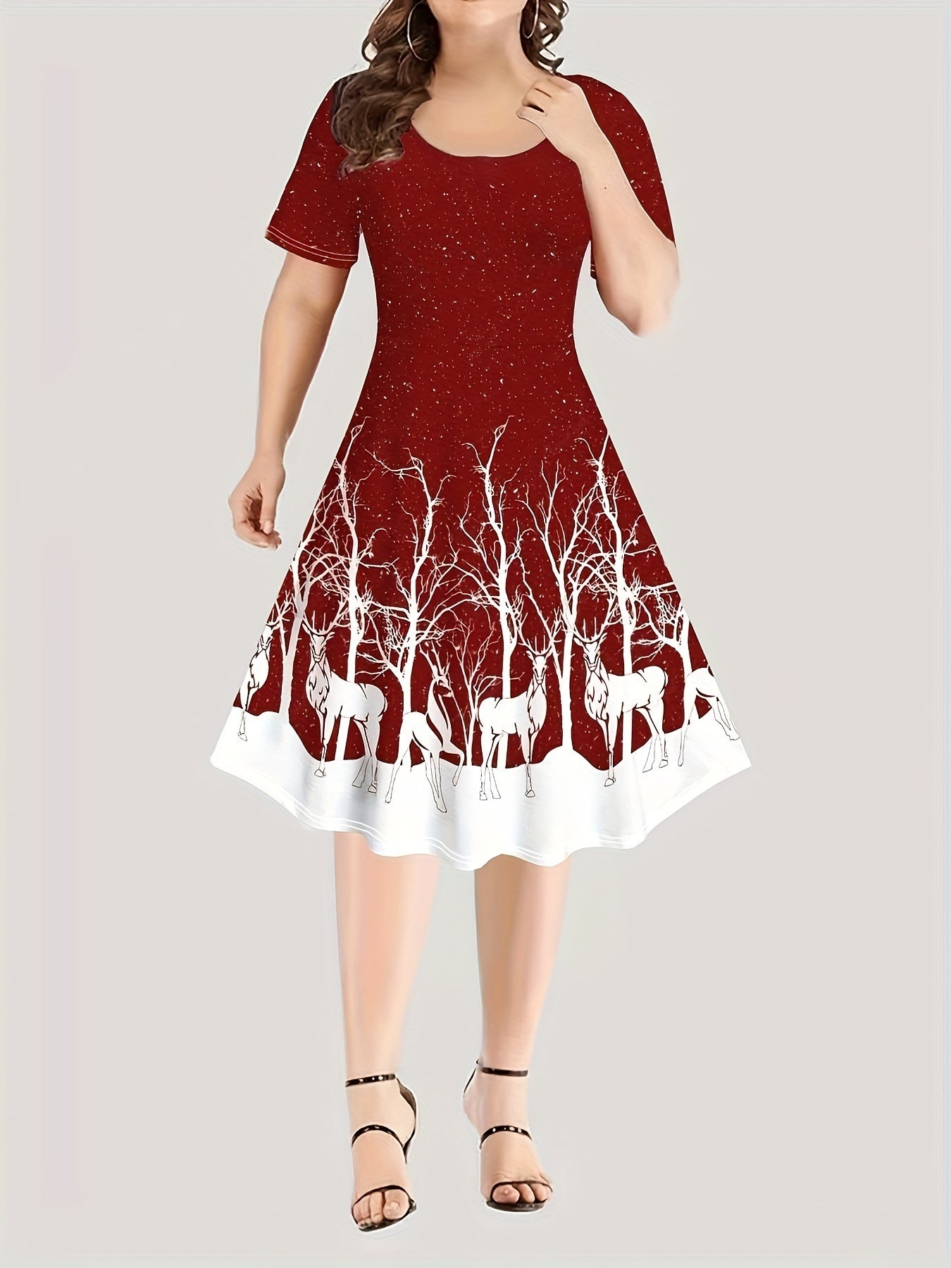 Reindeer Print Short Sleeve Christmas Dress