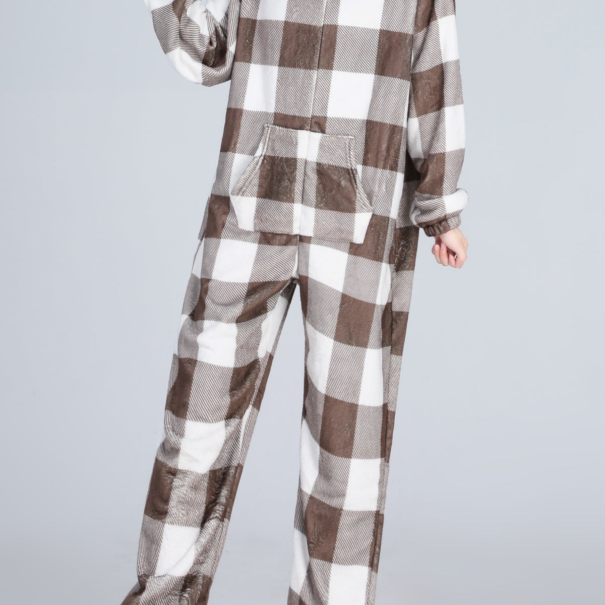  Plaid Print Fleece Hooded Jumpsuit