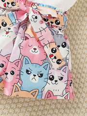 Girls Cat Graphic Top & Belted Shorts Set Kids Summer Clothes