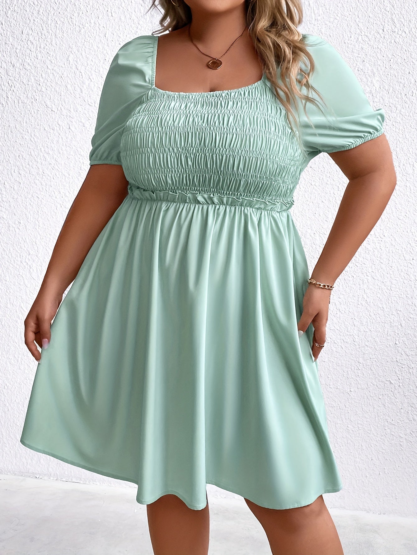  Solid Shirred Puff Sleeve Mini Dress