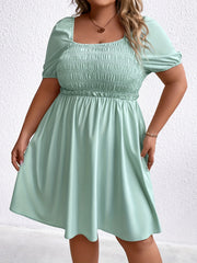  Solid Shirred Puff Sleeve Mini Dress