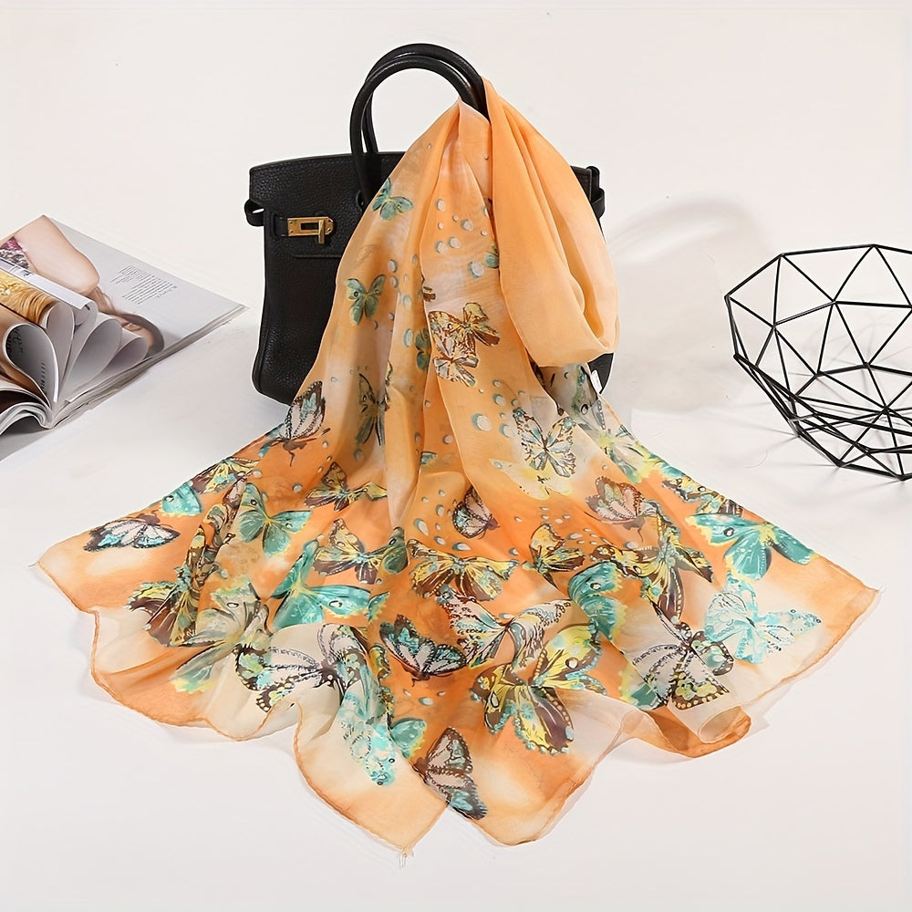 Butterfly Print Chiffon Scarf Tie Dye Gradient Shawl