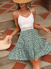 Floral Print Cut Out Waist Cami Dress Lace Backless Spaghetti Dress