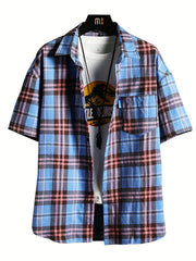 Plaid Print Men's Casual Short Sleeve Shirt With Pocket for Summer