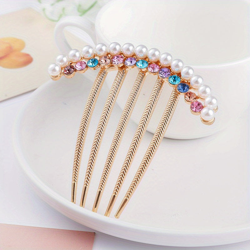 Rhinestone Faux Pearl Hair Comb Pin for Women