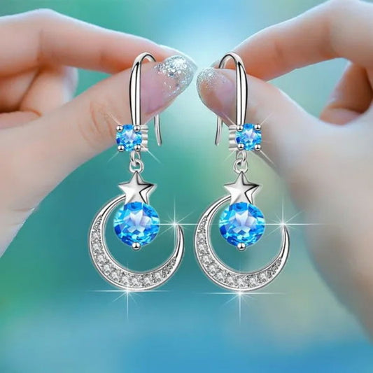 Moon & Star Zircon Drop Earrings, Gift