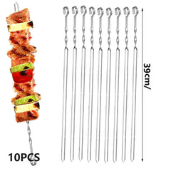 10pcs Stainless Steel BBQ Skewers for Outdoor Grilling & Camping