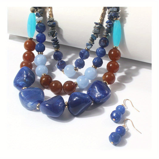 Colorful Pendant Necklace & Earrings Set Vintage Style Jewelry For Women