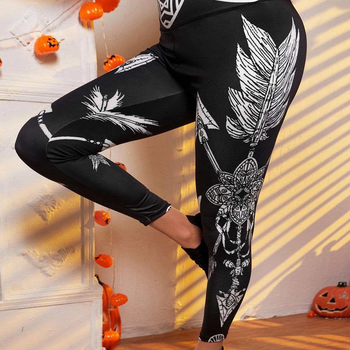  Graphic Print Wide Band Waist High Rise Fitness Leggings