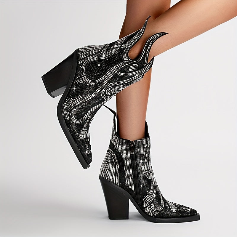 Women's Rhinestone Flame Ankle Boots Chunky Heel Glitter Shoes