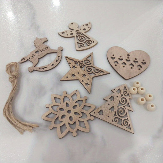 6pcs Wooden Christmas Decorations Snowflake Rocking Horse Pentagram Angel