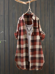  Plaid Print Button Up Roll Up Sleeve Turn Down Collar Blouse