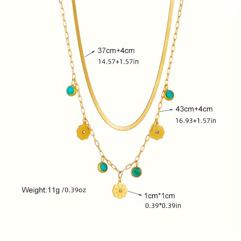 Boho Vintage Stainless Steel Double Chain Necklace with Flower Turquoise Pendant