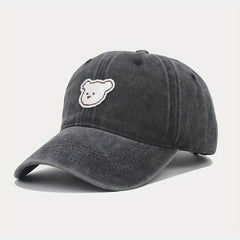 Cartoon Bear Patch Baseball Cap Solid Washed Distressed Sun Hat