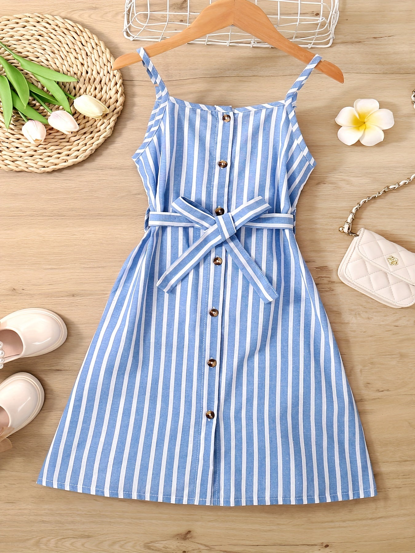 Girls Striped Button Front Belt Dress Casual Vacation Kids Clothes