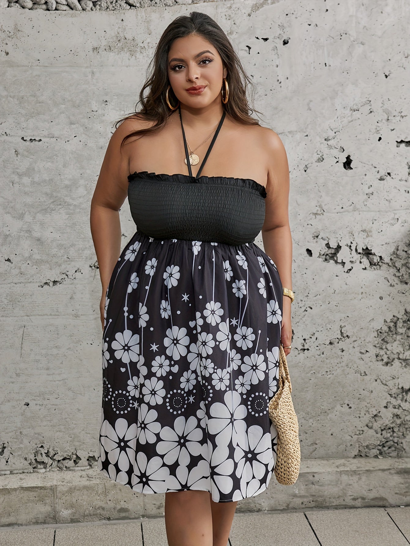  Boho Dress Women's Plus Floral Print Ruffle Trim Halter Neck Dress