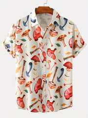 Men's Casual Mushroom Block Leaf Flower Pattern Print Short Sleeve Shirt