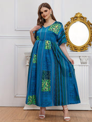  Ethnic Print Batwing Sleeve Maxi Dress