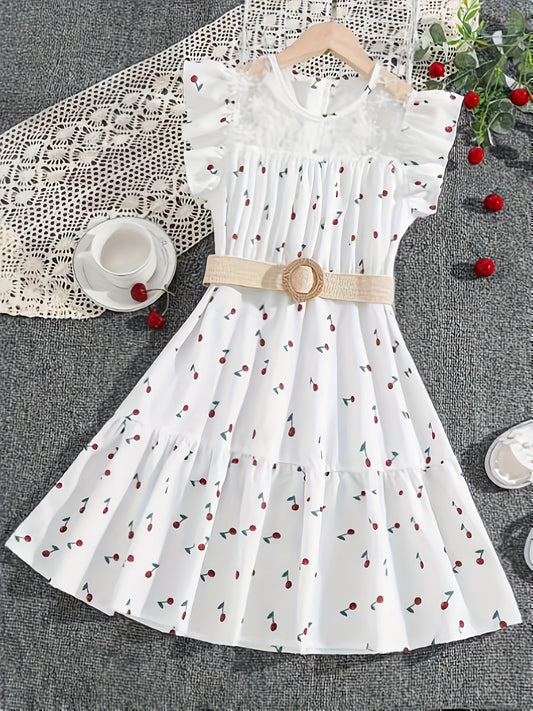 Girls Mesh Neck Berry Dress with Ruffle Sleeve