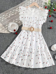 Girls Mesh Neck Berry Dress with Ruffle Sleeve