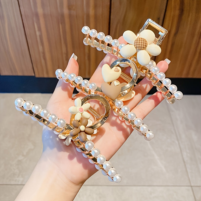 Pearl Heart Flower Metal Hair Grab Clear Hair Claws Hair Claw