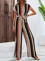 Striped Print Belted Jumpsuit Cap Sleeve For Spring & Summer