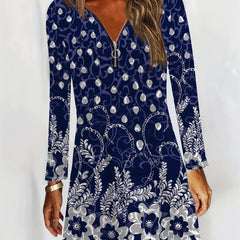  Floral Print Half Zipper Long Sleeve Round Neck A-line Dress