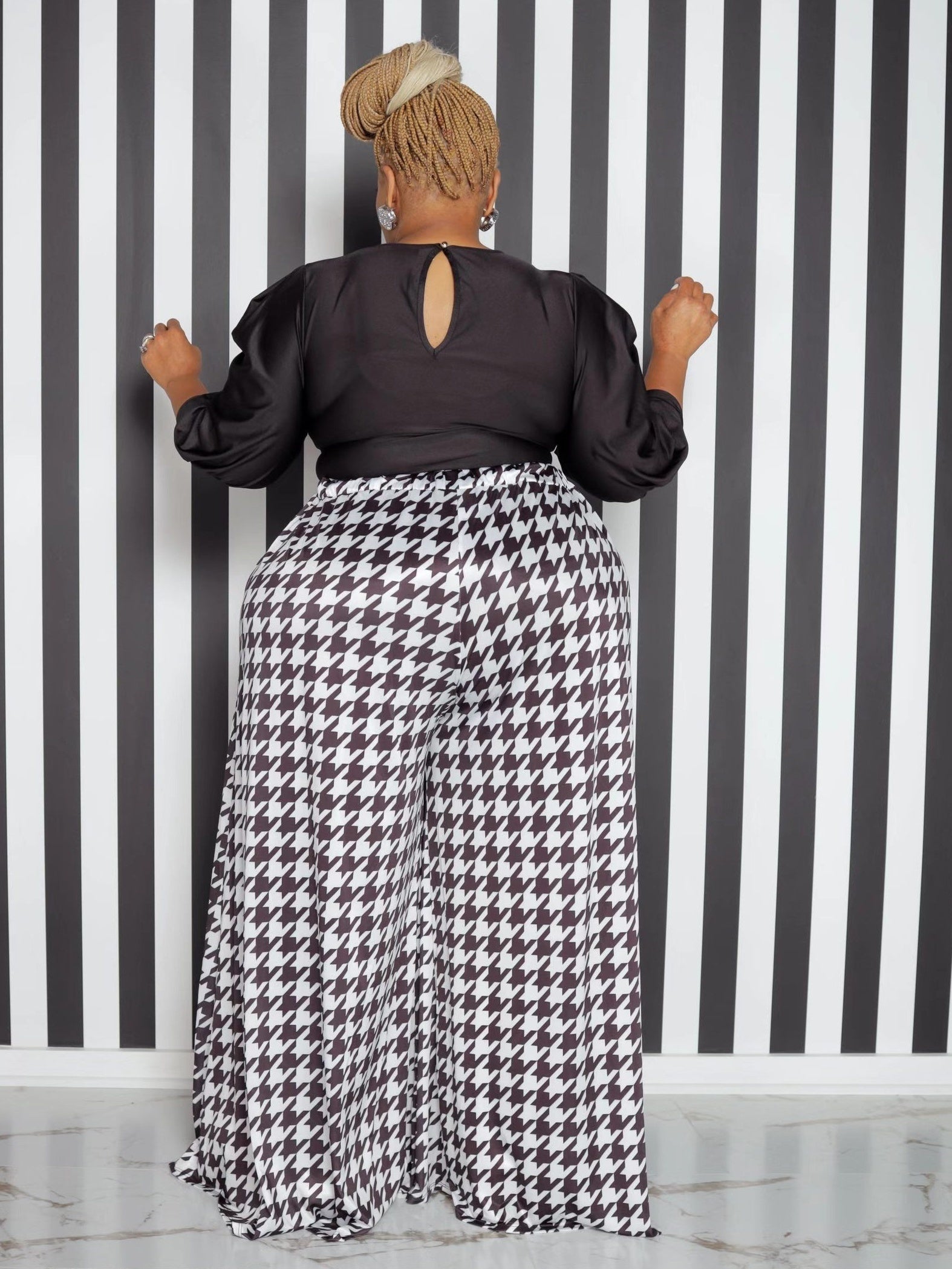  Houndstooth Wide Leg Pants Women's Plus Casual