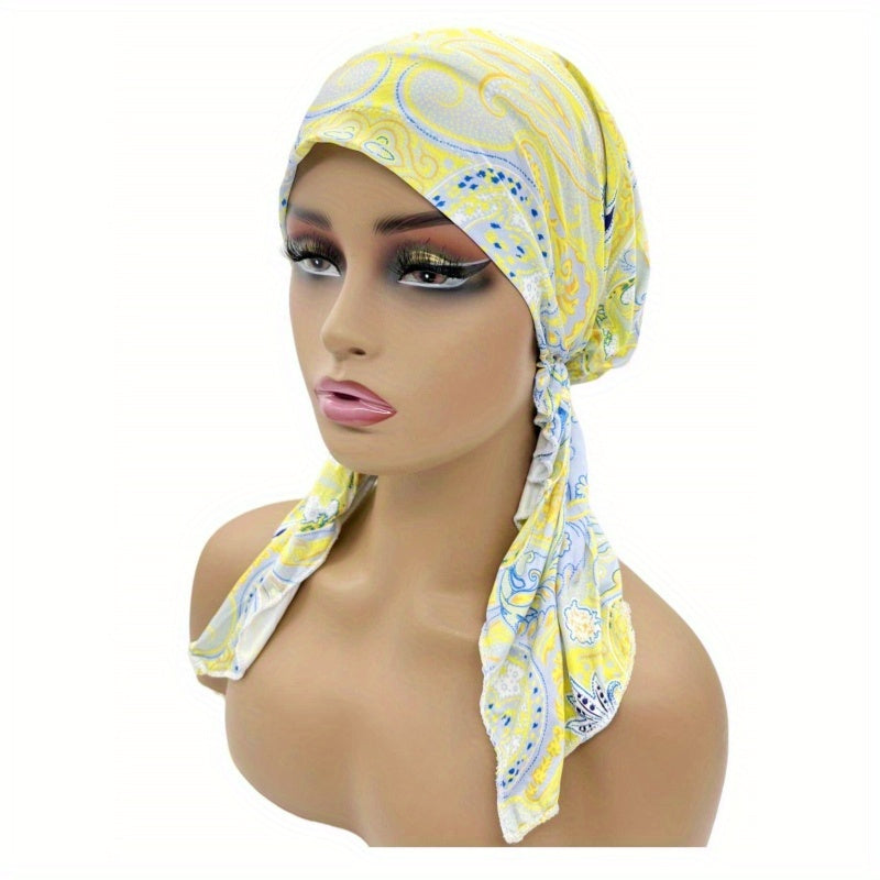 Paisley Print Head Wrap Casual Elastic Turban Soft Long Tail Bonnet