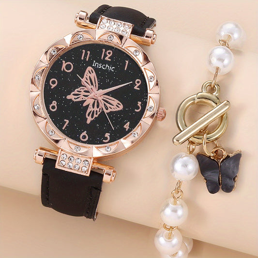 Butterfly Rhinestone Watch & Bracelet Set