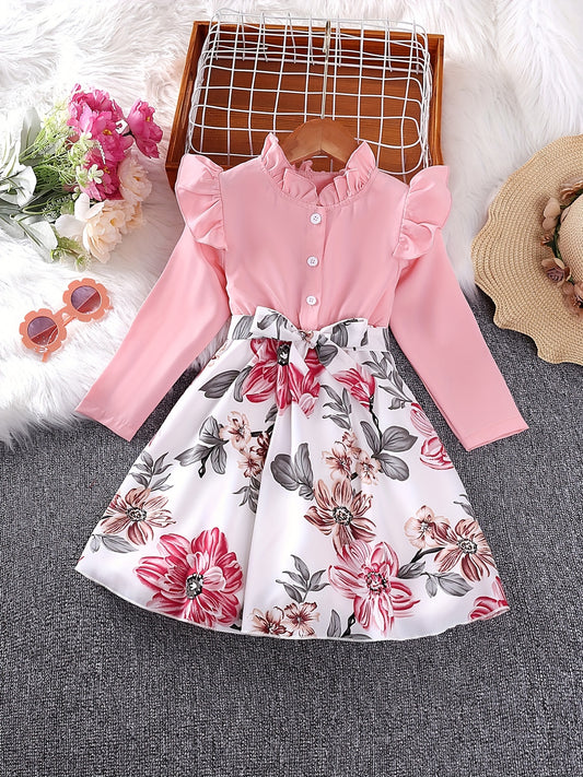 Girls' Ruffle Collar Button Front Floral Tunic Dress