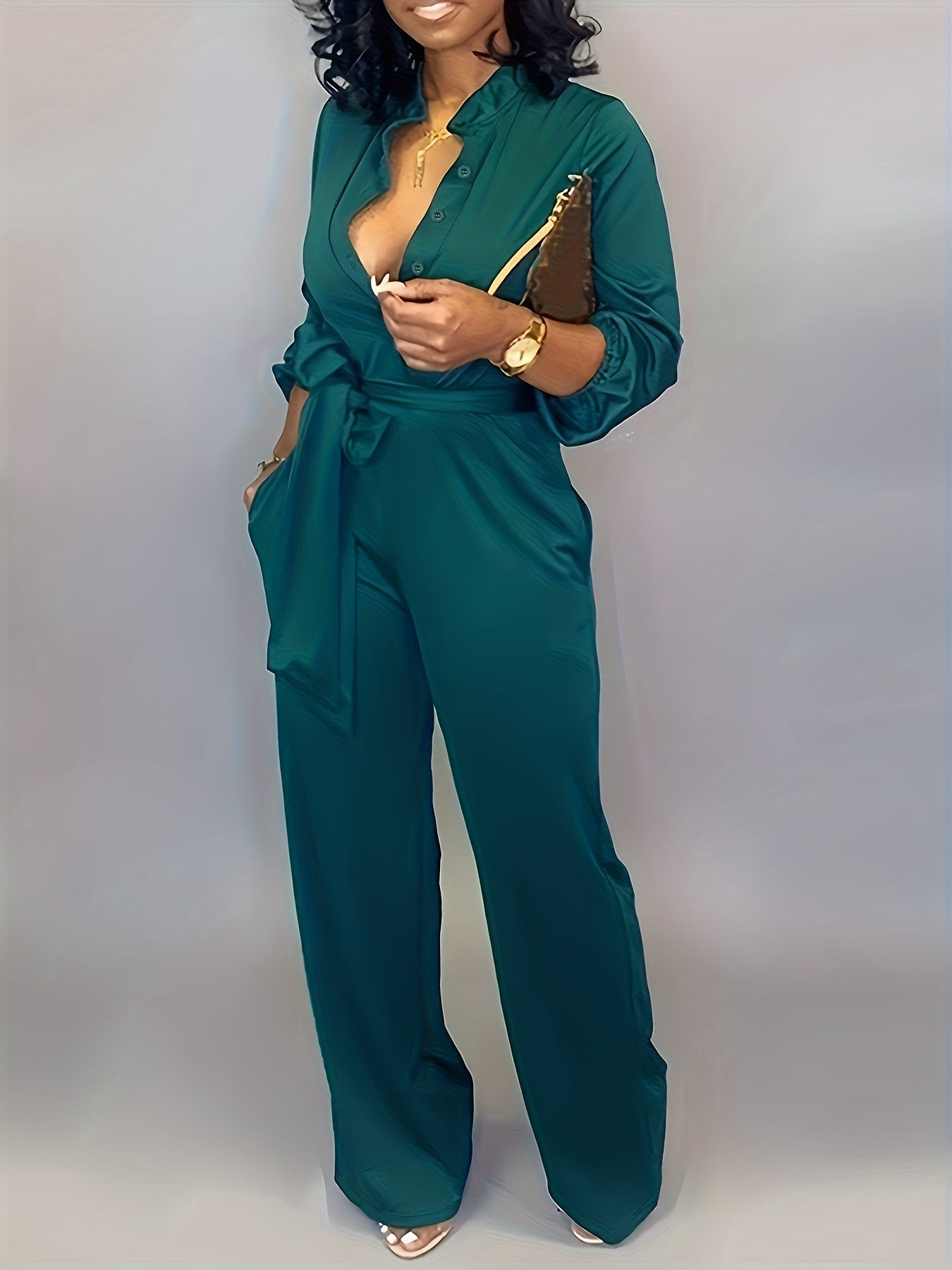 Solid Button Belted Jumpsuit Casual Long Sleeve Jumpsuit
