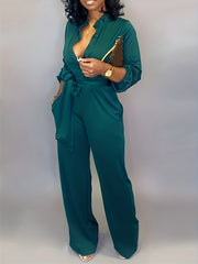 Solid Button Belted Jumpsuit Casual Long Sleeve Jumpsuit