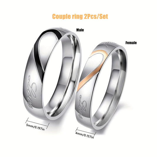 Stainless Steel Couple's Ring Set Double Heart for Weddings