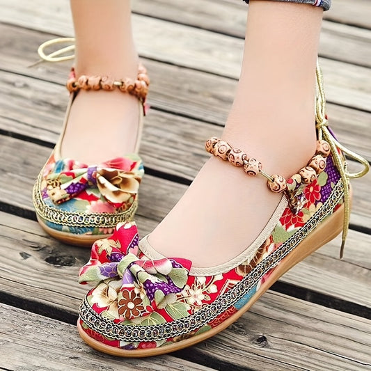Tribal Style Beading Flat Shoes Retro Floral Print Bowknot Walking Shoes