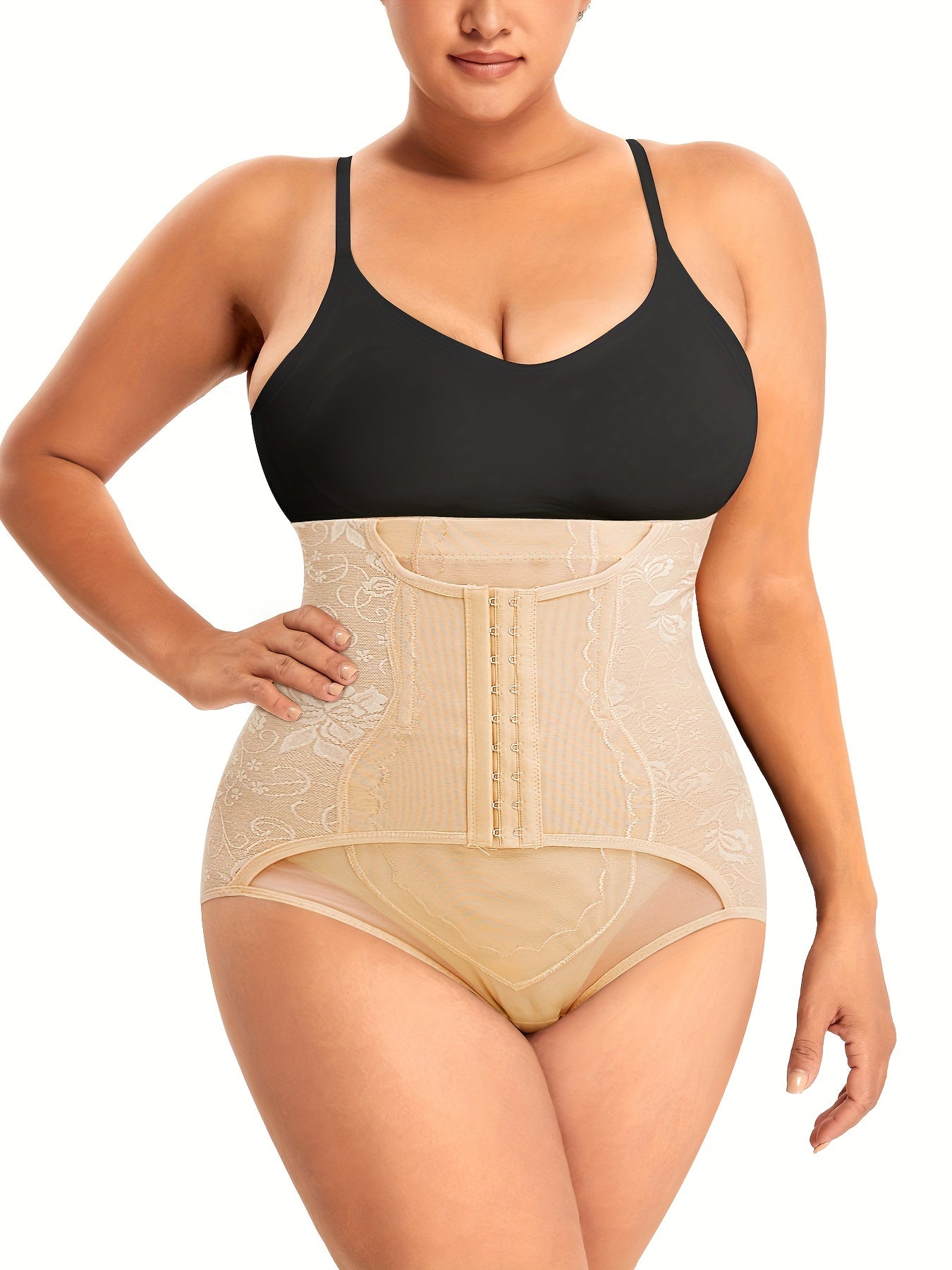 Plus Floral Jacquard Buckle Semi Sheer Tummy Control Shapewear