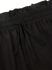  Solid Ruffle Trim High Rise Wide Leg Trousers