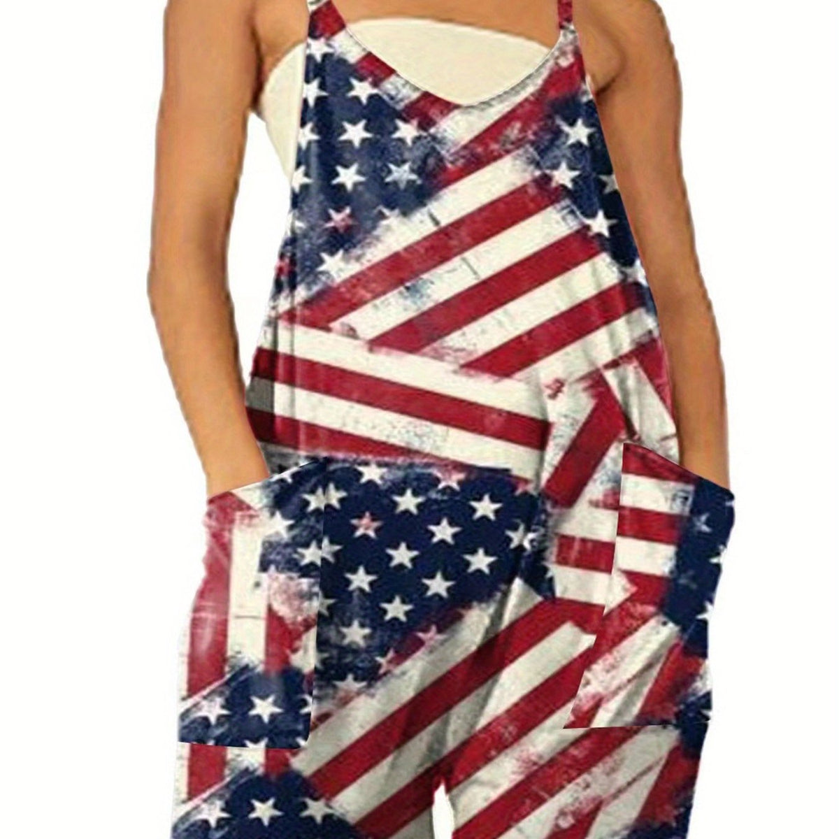 Star & Stripe Print V Neck Romper