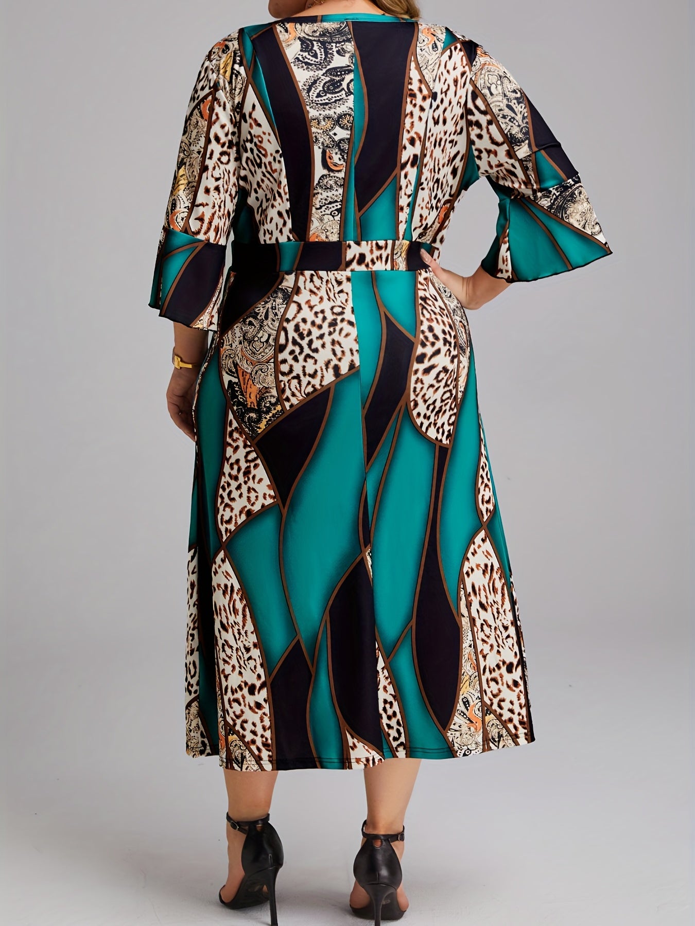  Colorblock Leopard Print Surplice Neck Dress