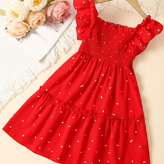 Girls Ruffle Sleeve Square Neck Polka Dot Print Red Dress