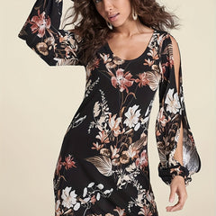  Floral Print Cut Out Lantern Sleeve Round Neck Stretch Dress