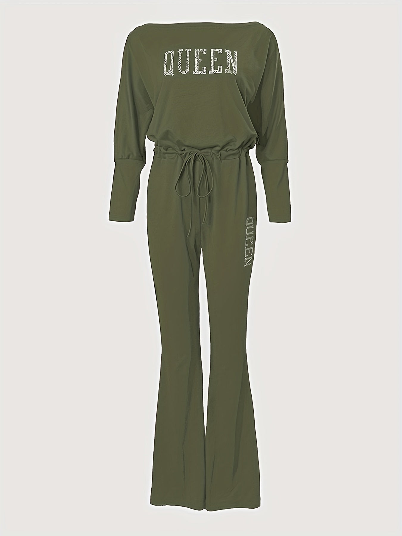Solid Queen Print Off Shoulder Jumpsuit Casual Batwing Long Sleeve Jumpsuit