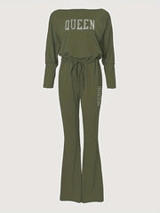 Solid Queen Print Off Shoulder Jumpsuit Casual Batwing Long Sleeve Jumpsuit